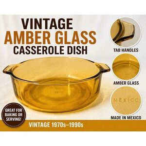 Vintage Amber Glass Casserole Dish Round w Handles Mexico Baking Dish